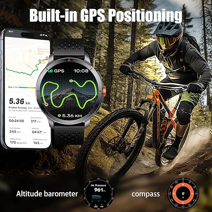 Smart Watch for Men (Answer/Make Call), Built-in GPS, Compass, 1.60" AMOLED, 5ATM Waterproof, Heart Rate SpO2 Sleep Monitor, iPhone Android - Black