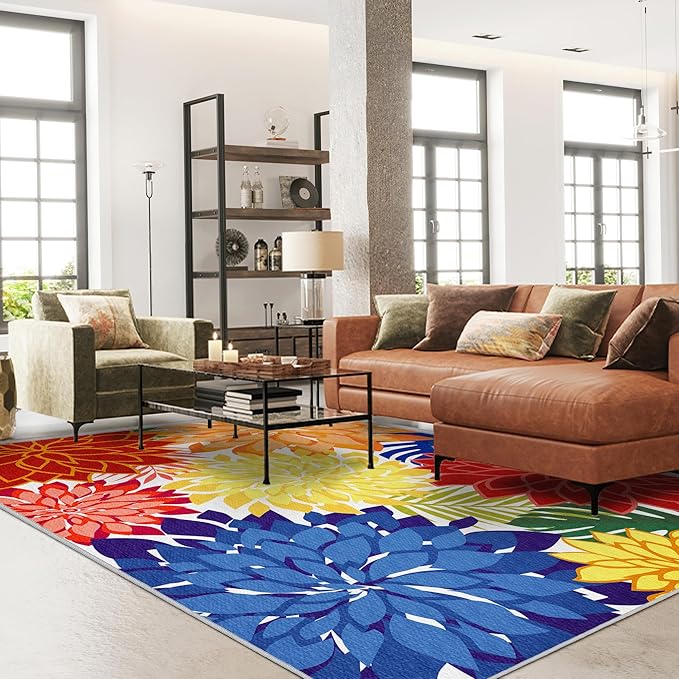 Indoor Outdoor Area-Rug Washable Multicolored Patio Rug Tropical Botanical Modern Floral Indoor Outdoor Carpet Non-Slip for Patio, Deck, Backyard, Porch (5x8)