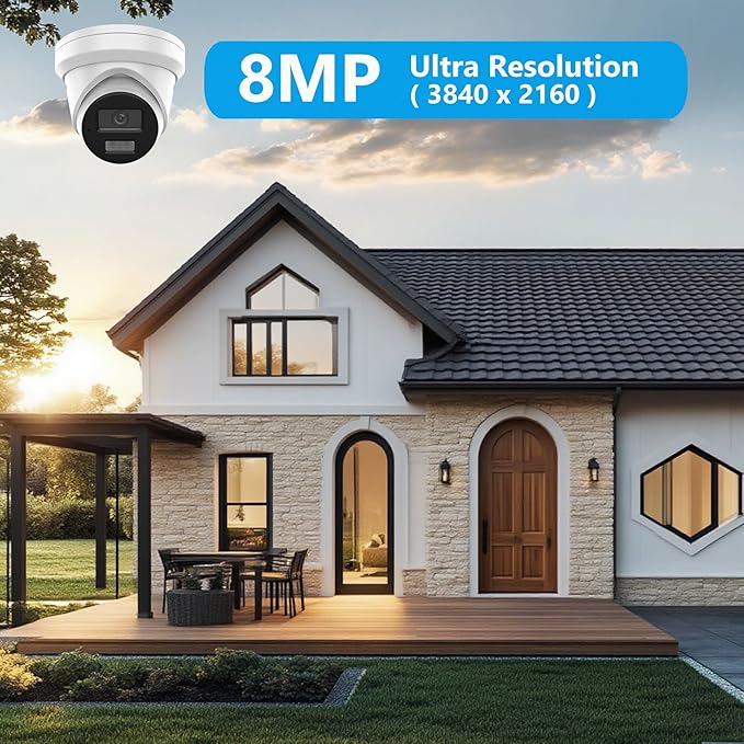 Real HD 4K 8MP Turret POE IP Camera Outdoor, 2.8mm 105° Viewing Angle, Smart IR and White Light Night Vision, Metal Casing Waterproof IP67, Support 512Gb SD Card(NOT Included)