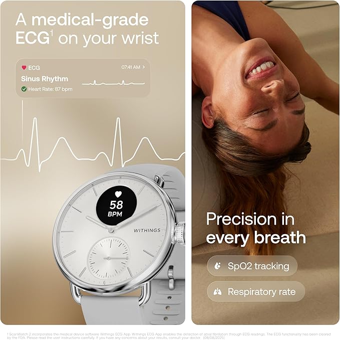WITHINGS ScanWatch 2 - Hybrid Smart Watch, Heart Rate Monitoring, Fitness Tracker, Cycle Tracker, Sleep Monitoring, GPS Tracker, 30-Day Battery Life, Android & Apple Compatible, HSA/FSA