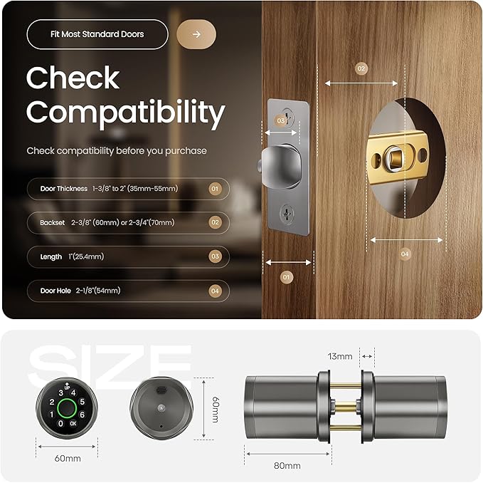 Leydebong 4-in-1 Smart Door Lock with Fingerprint and Keypad - Keyless Entry Electronic Lock with App Control - Easy Installation Smart Door Knob with Code in Gunmetal Gray