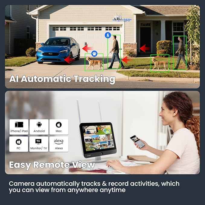 [WiFi 6 & 10X Zoom] XMARTO Wireless PTZ Security Camera System Outdoor with 10X Zoom and AI Auto Tracking, 2K HD Dual-Lens Cameras, 12" LCD Monitor NVR/DVR and 1TB HDD Included