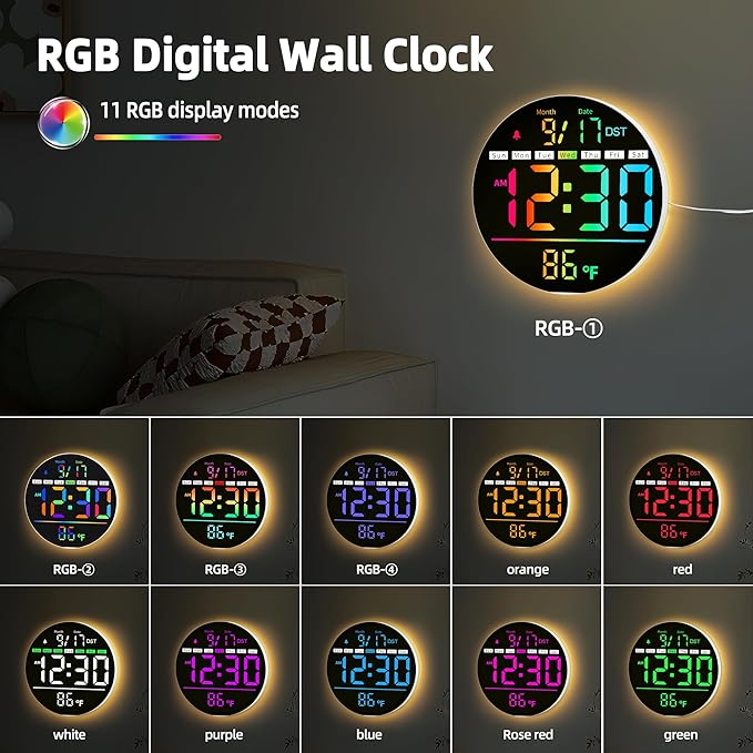 Digital Wall Clock, 8'' Round Digital Clock with Large Display, 11RGB Colors,Remote Control, Auto-Brightness,Temperature,DST,Night Light, Alarm, Count Down Timer for Classroom/Bedroom/Office