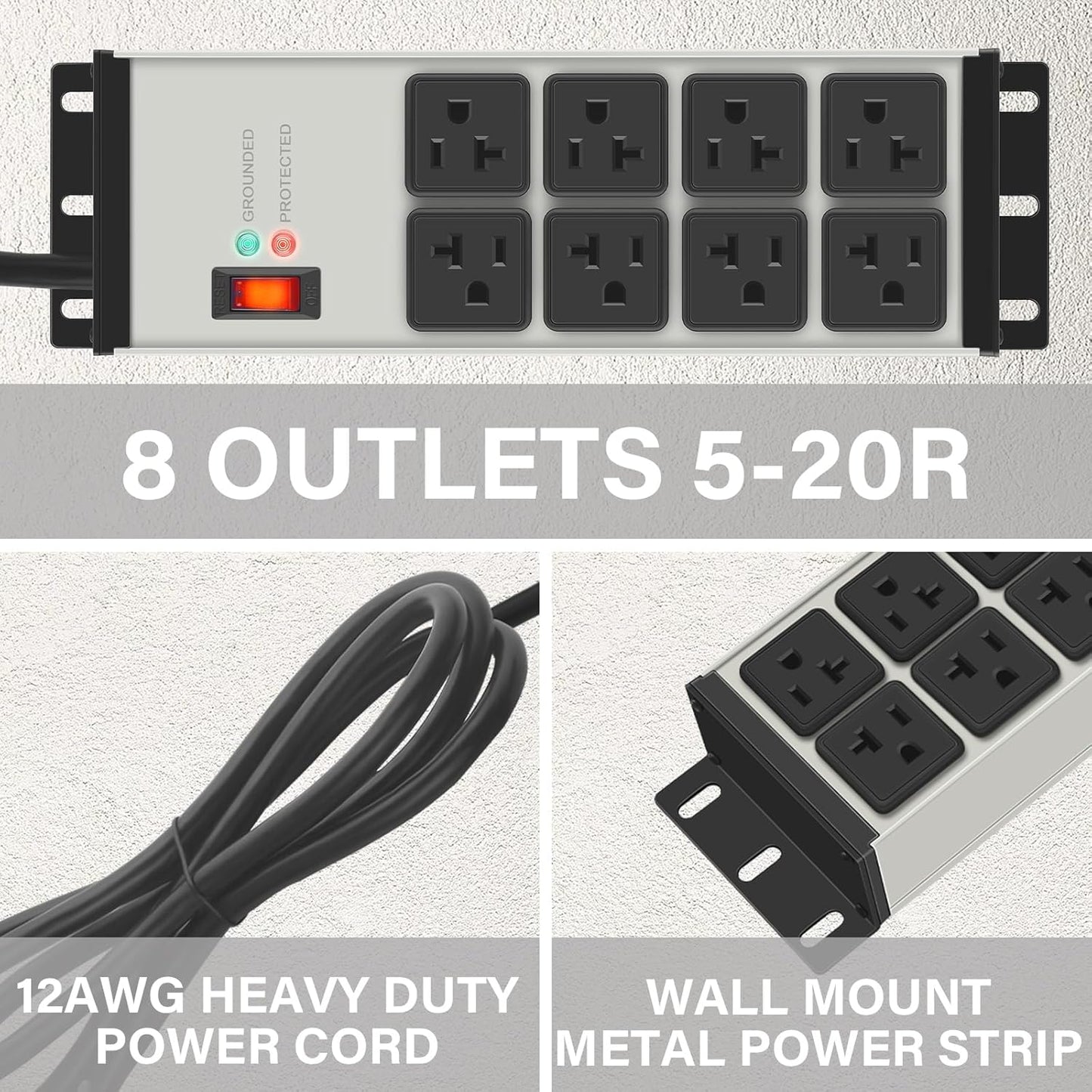 CCCEI Magnetic Heavy Duty Power Strip Surge Protector 20Amp, 12 Gauge High Amp Extension Outlets, Garage Wall Mount 8 Plug Metal Power Strip. 6FT, Grey, 5-15P Adapter 6-20R T-Slot 20a for Appliance