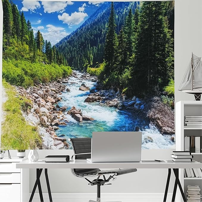 Nature Forest Mountain Tapestry Green Pine Tree Stream Tapestry White Clouds Flowing River Valley Landscape Scenery Tapestries Wall Hanging for Bedroom Dorm Living Room Office Classroom 60 x 40 Inch