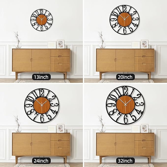Maxstar Large Round Wall Clock for Living Room Decor Battery Operated Non Ticking Black Metal Wood Clocks for Home Living Room Garden Office Kitchen Decoration -24 inch