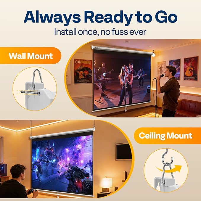 VIVOHOME 120 Inch 1:1 Pull Down Projector Screen, HD 4K Retractable Movie Screen for Indoor Home Theater and Office, Manual Projection Screen with Auto Locking (84Wx84H Inch Display Area)