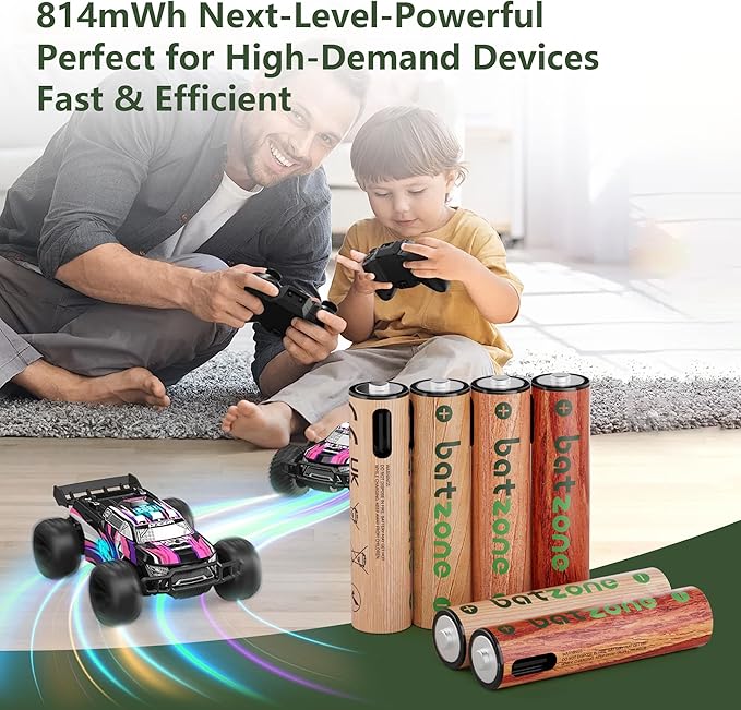 Rechargeable AAA Batteries, 814mWh AAA Batteries Lithium, Long Lasting USB C AAA Rechargeable Battery, 8 Pack with 2 USB-C 2-in-1 Charging Cable Over 1000+ Cycles