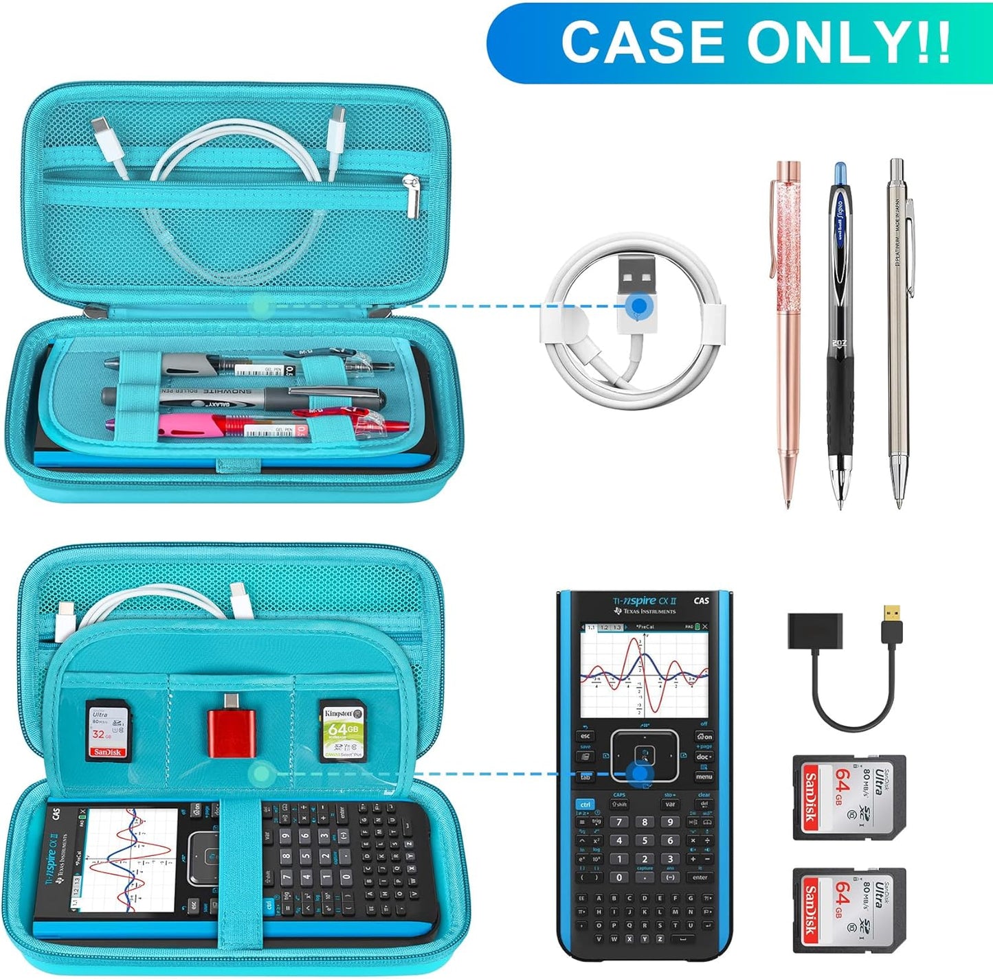 BOVKE Graphing Calculator Carrying Case for Texas Instruments TI-Nspire CX II CAS/CX II/CX/CX CAS Calculator and More - Mesh Pocket for USB Cables and Other School Supplies, Turquoise