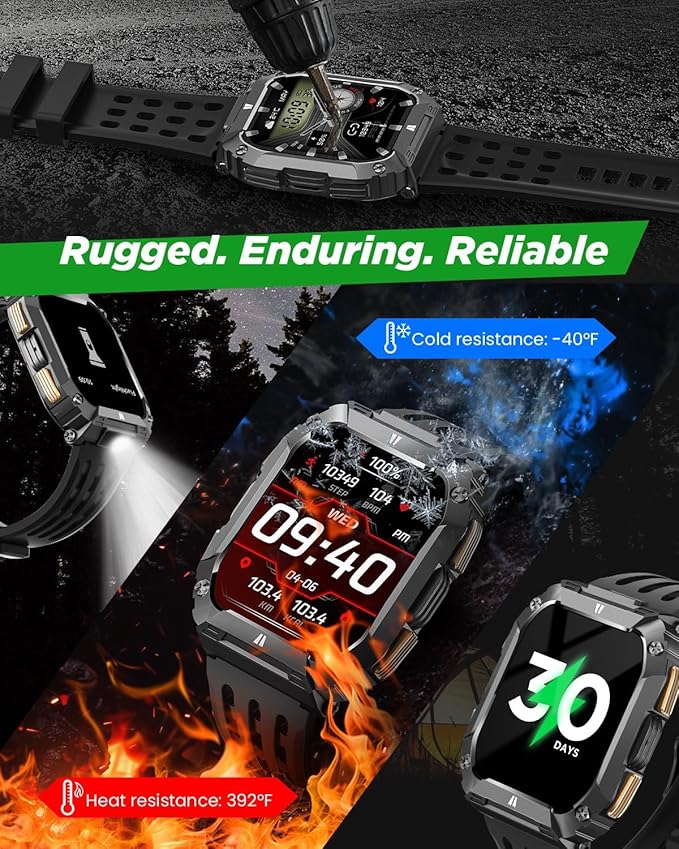 Smart Watches for Men, 1.95'' Mens Military Smart Watch for Android & iPhone, Waterproof Fitness Tracker Watch with Flashlight/100 Days Battery Life/Call/Heart Rate Sleep Monitor/100+ Sport Modes