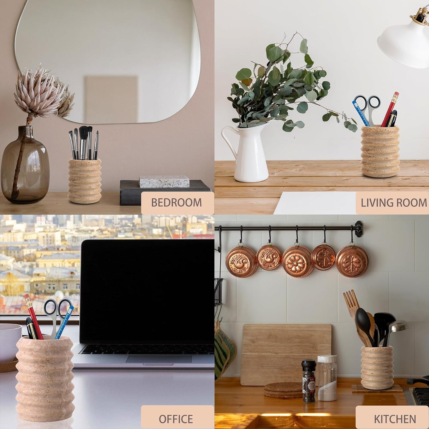 WORHE Pen Holder Stand for Desk, Natural Travertine Stone Makeup Brush Holders, Modern and Functional Pencil Cup for Office Supplies Tableware Organizer for Home Decor School Beige (PH90110)