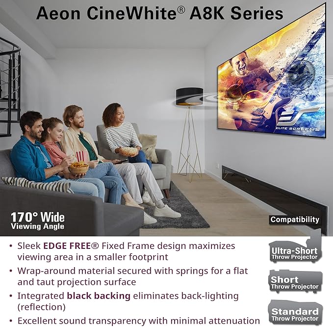 Elite Screens Aeon CineWhite A8K, 103" Diag, 16:9 Aspect Ratio, ISF Certified 8K Ultra HD Home Theater Fixed Frame Edge Free Projection Sound Transparent Perforated Weaved Screen, AR103H-A8K
