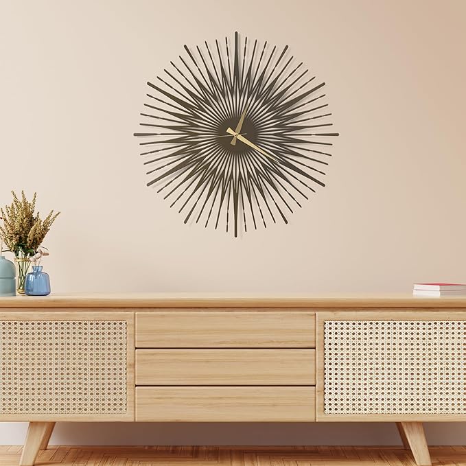Sun Rays Wall Clock, Large Metal Decorative Wall Clock, Modern Minimalist Wall Decor (Bronze, Large)