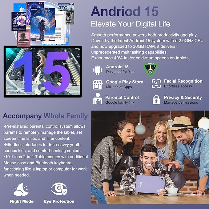 2025 Android 15 Tablet with Keyboard | Gemini AI, 30GB+128GB Octa-Core Electronics Tablets w/ 10 Inch IPS HD Display, 8000mAh, 5G WiFi, 1TB Expand, Mouse+Case, BT 5.0, Widevine L1, Metal Body -Purple