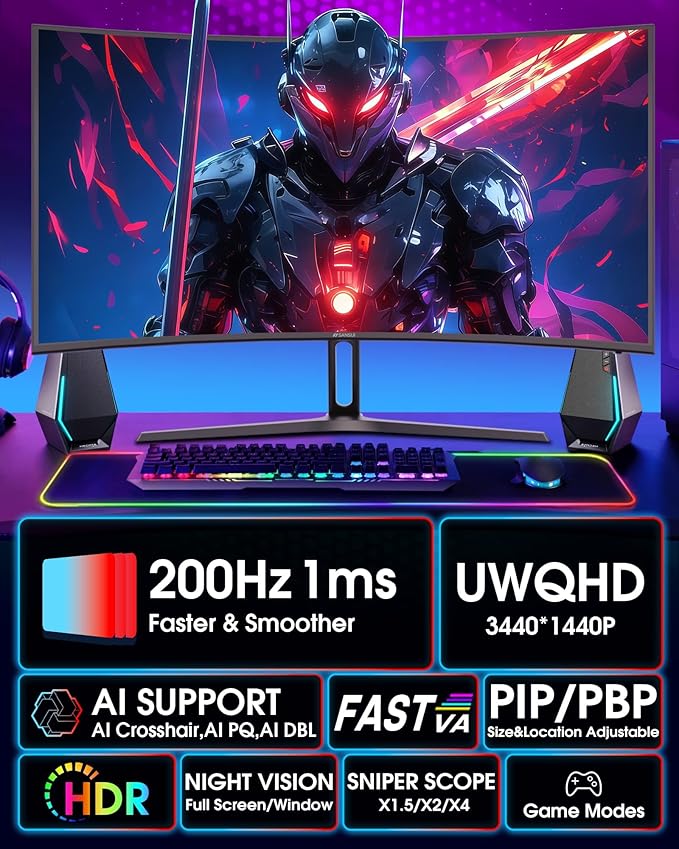 SANSUI 34 Inch UWQHD 200HZ Curved Gaming Monitor, FastVA 3440x1440P Ultrawide 1500R Curved Gaming Computer Monitor 21:9 with PIP PBP, AI Tech Enhance, 2xHDMI2.1 DP1.4Ports(HDMI2.1 Cable Incl.)