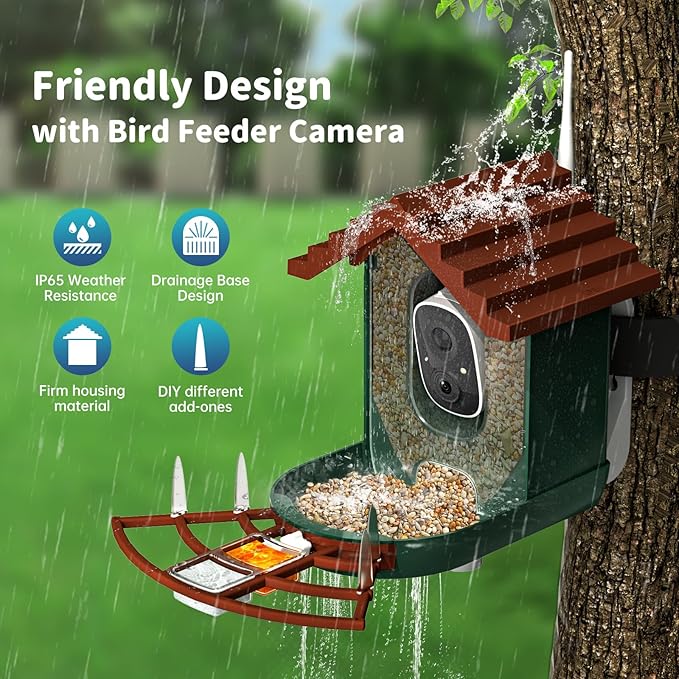 Smart Bird Feeder with Camera Solar Powered & AI Bi rd Identification, 2.4Ghz WiFi Bird feeders for Outdoors, 2K Live Video, Nstant Arrival Alerts - Dark red-Green