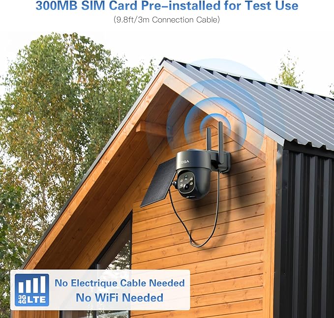 Xega 4G LTE Cellular Security Camera Solar with SIM Card,Wireless Outdoor No WiFi Security Camera,2K HD PTZ Night Vision Motion Detection 2 Way Talk TF&Cloud Storage IP66, Built-in SIM Card