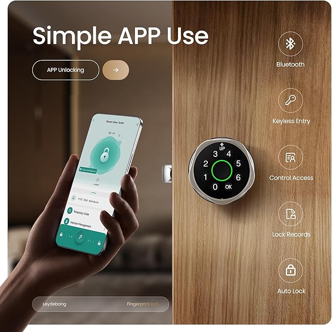 Leydebong 4-in-1 Smart Door Lock with Fingerprint and Keypad - Keyless Entry Electronic Lock with App and Mechanical Key - Easy Installation Smart Door Knob in Satin Nickel