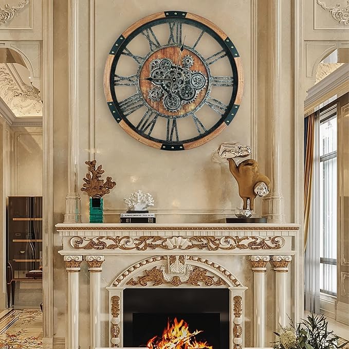 36 Inch Moving Gear Wall Clock, Oversized Wall Clocks, Clock Living Room Decor, Solid Wood Frame, Battery Operated, Large Wall Clock with Steampunk Industrial for Fireplace(Brown)