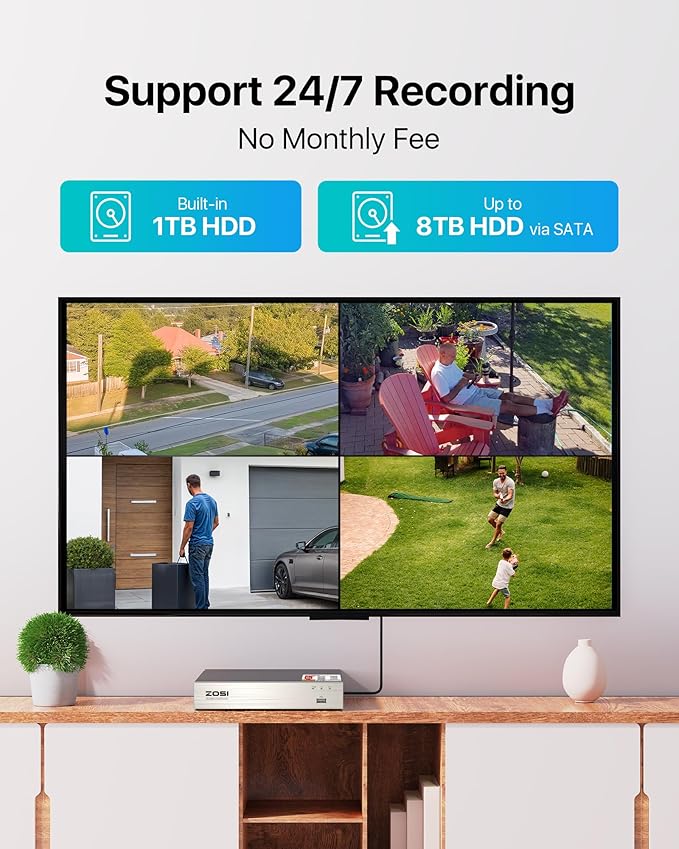 ZOSI 3K Lite 8CH Security Camera System Outdoor with 1TB Hard Drive,AI Human/Vehicle Detection,Night Vision,H.265+ 8 Channel 5MP Lite Video DVR Recorder,8X 1080P HD 1920TVL Weatherproof CCTV Cameras
