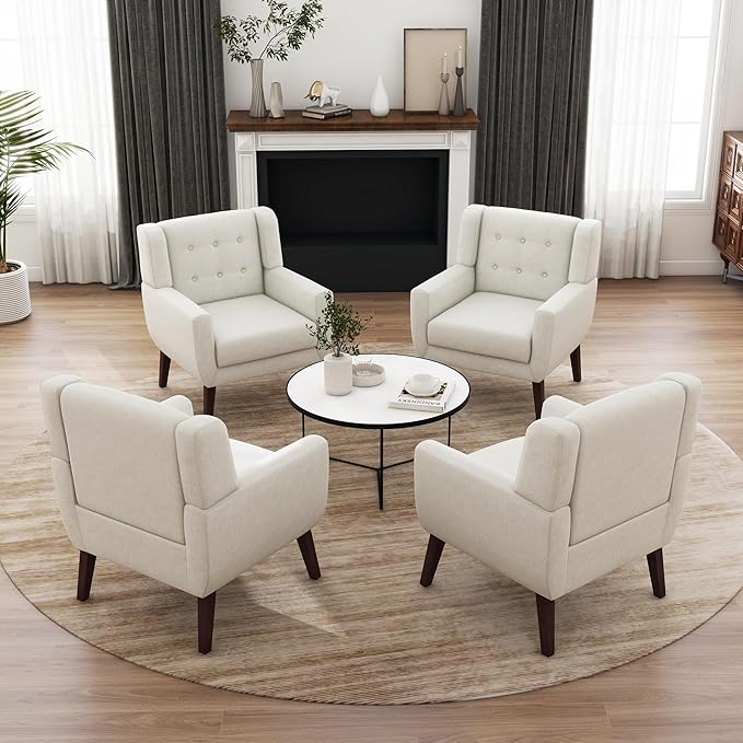 UIXE Accent Chair, Modern Upholstered Armchair in Fabric for Living Room, Comfy Club Arm Chairs Single Sofa Button Tufted Bedroom Reading Seat - Beige, Set of 4