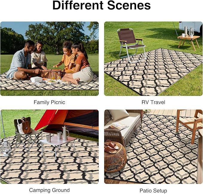 OLANLY Reversible Outdoor Rug 6x9 ft Clearance, Waterproof Outdoor Plastic Straw Rug with Interlacing Pattern, RV Mat for Patio, Camping, Balcony, Deck, Backyard, Black & Beige