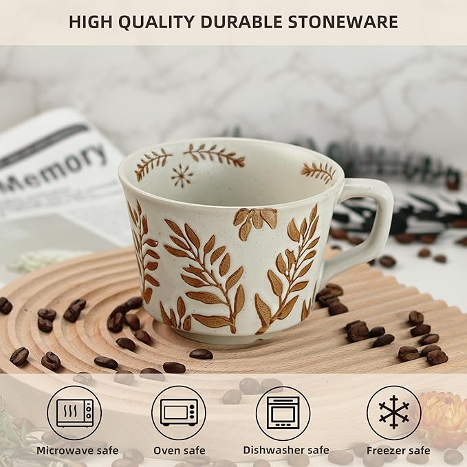Ceramic Coffee Mug, 12 oz Novelty Unique Teacup with Large Handle, Stoneware Cup for Tea Mocha Latte Cappuccino Espresso (Ivy)