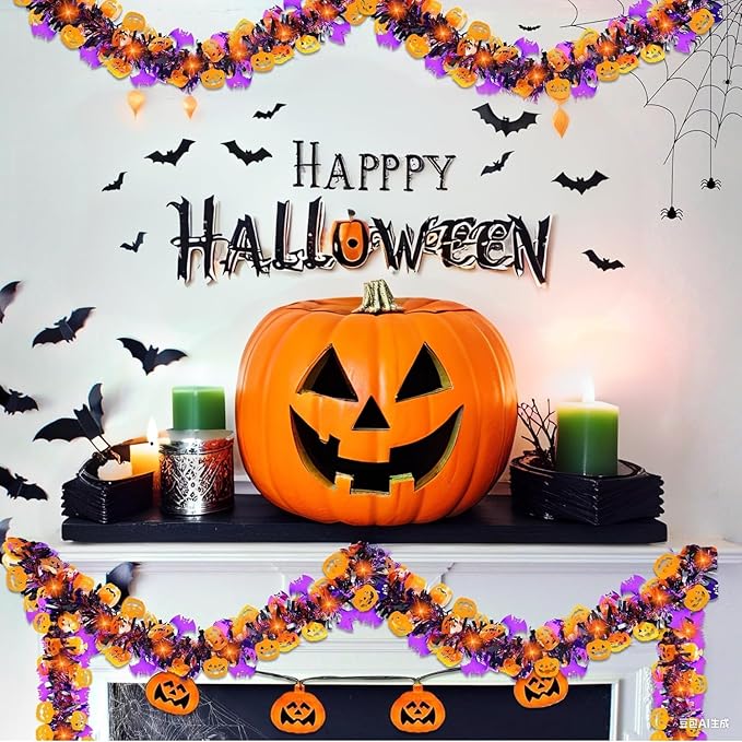 50 Ft Halloween Tinsel Garlands,Funny Pumpkin Purple Bats Shiny Metallic Twist Foil Tinsel Garland Hanging Holiday Decorations for Home Indoor Outdoor Festivities Party Decor