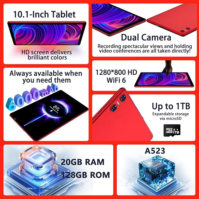 Android 15 Tablet with Keyboard Mouse, 20GB RAM + 128GB ROM (Expand to 1TB), 10.1 Inch Octa-Core Tablets with WiFi 6, Dual Camera, 1280x800 IPS Display, 6000mAh Battery, Widevine L1 - Red