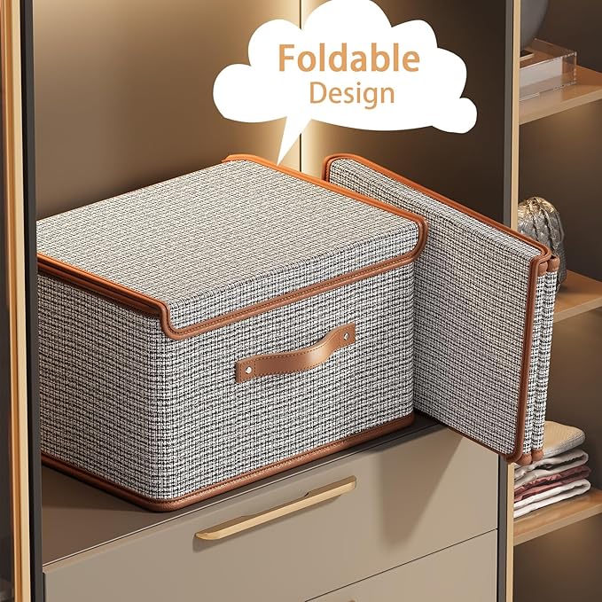 Tuza 4 Pack Storage Bins with Lids, Collapsible Closet Organizer Container, Fabric Organizer Box with Handles, Decorative Storage Boxes with Lids for Organizing Clothes, Blanket, Light Grey, Medium