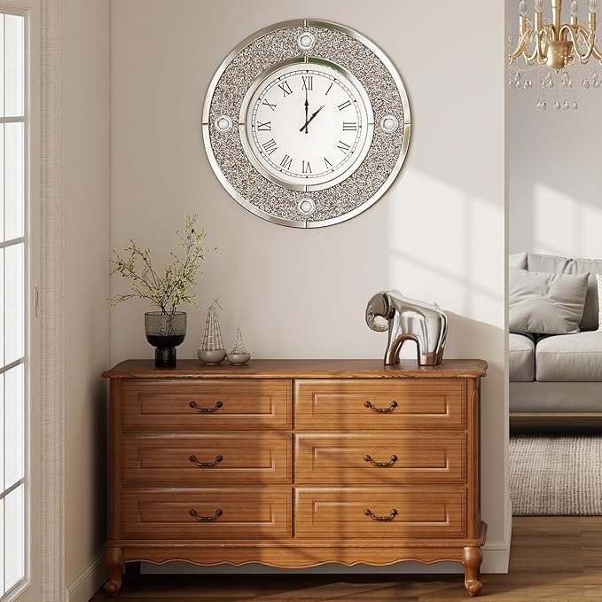 COSVALVE Mirror Wall Clock with Crystal, 24 Inch Large Silver Glass Clock for Wall Living Room, Big Decorative Wall Clock with Crushed Diamond Decor, Luxury Bling Wall Decor