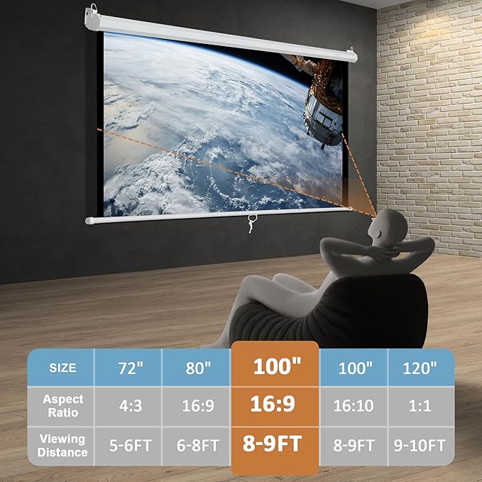 SUPER DEAL 100'' 16:9 HD Projection Screen Foldable Anti-Crease Portable Projector Movie Screen Manual Pull Down for Home Theater Presentation Education Outdoor Indoor Public Display, White