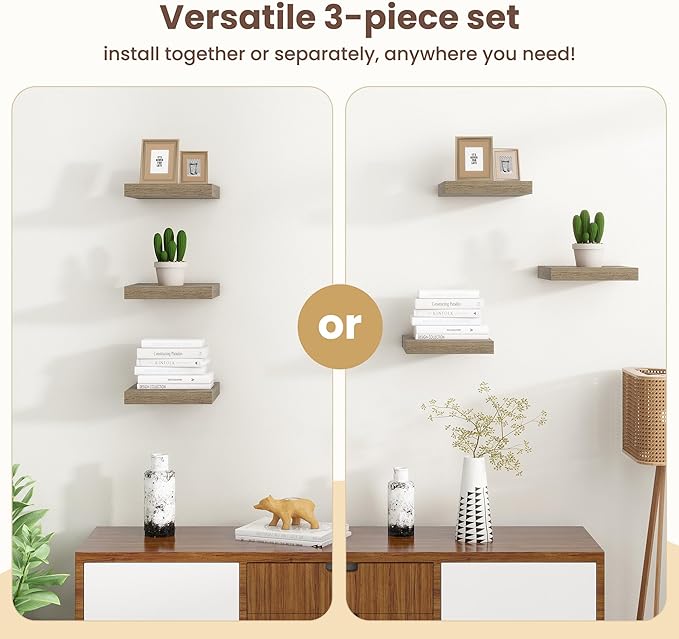 Fun Memories Floating Shelves for Wall - 7.5 Inch Square Shelves with Invisible Brackets, Small Wall Shelf for Living Room, Bathroom, Bedroom, and Kitchen Decor，Grey Set of 3