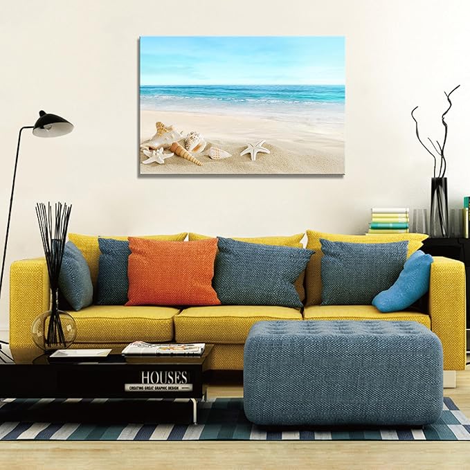 DZL Art S73981 Beach Picture Decor Ocean Painting Canvas Wall Art Prints of Starfish and Seashell on Sandy Seaside Ready to Hang for Living Room Bedroom Office Wall Decor Home Decoration