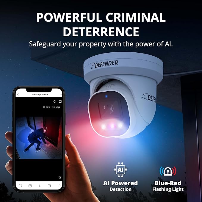 Defender AI Powered Sentinel Pro Turret 8CH NVR PoE Security Camera System, 4pc Metal Turret Cameras, 109° Wide Angle, IP66 Rated, Audio Recording, Web Viewing, 1TB HDD, Works w/Empower App