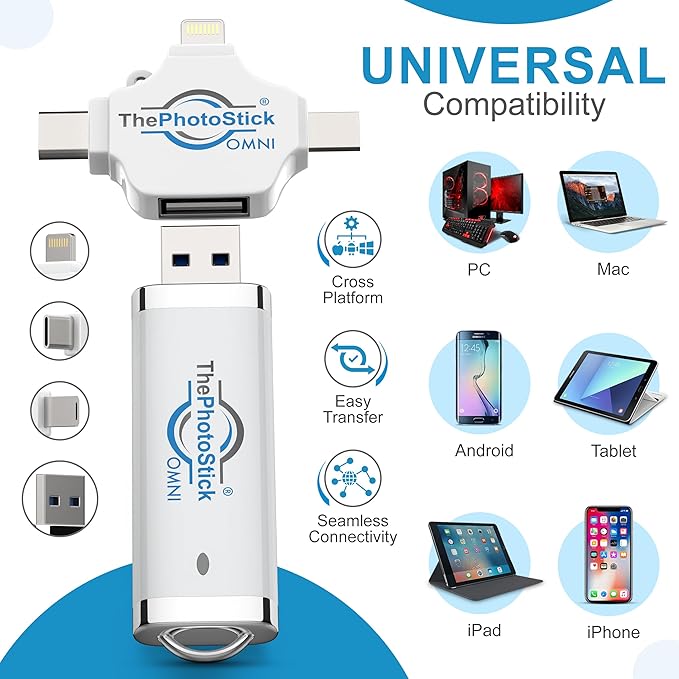 ThePhotoStick® Omni 64GB USB Flash Drive & Memory Stick – Photo & Video Backup for iPhone, Android, Mac & PC – Multiport Connection to Easily Store & Transfer Files