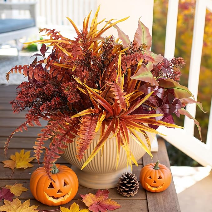 Artificial Fall Plant Large Bunches Greenery Plants Fake Plastic Leaves with Stems UV Resistant Outside Faux Plants Bushes for Autumn Outdoor Patio Garden Front Porch Yard Decor (Fall Color)