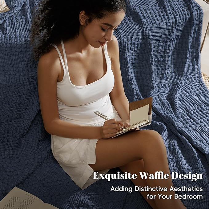 PHF 100% Cotton Waffle Weave Blanket Twin Size, Soft Lightweight Breathable Cozy Summer Blankets for Bed, Luxury Aesthetic Woven Bedding for Home Decor, 66"x90", Dark Navy