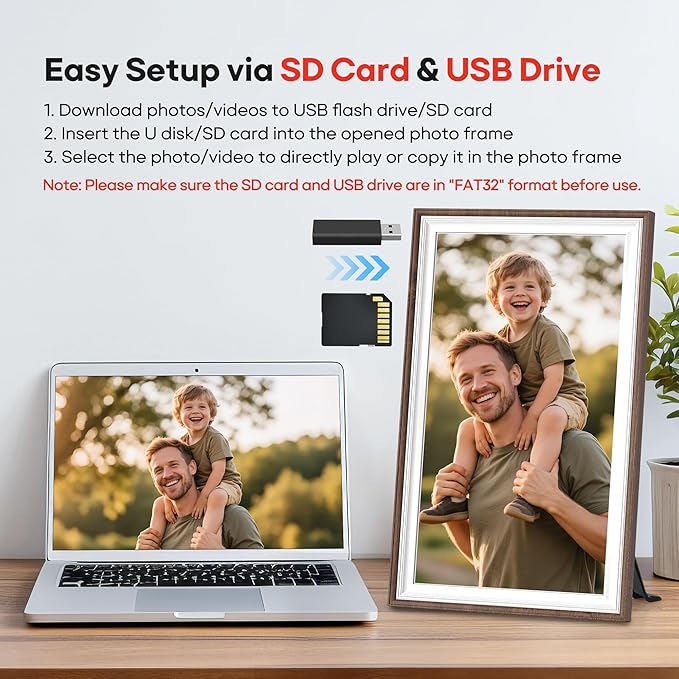 64GB Frameo 15.6" Digital Picture Frame Large 1920 x 1080 IPS FHD Touch Screen WiFi Electronic Photo Frames Share Moments Instantly Anywhere Best Gifts for Parents and Grandparents Brown Wood White