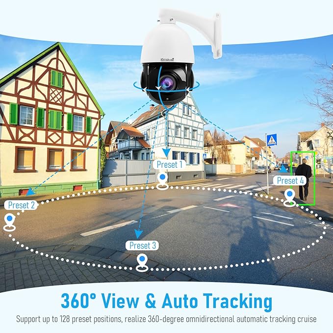 JideTech 200X Hybrid Zoom 4K 8MP Outdoor PTZ IP PoE Security Camera, Auto Tracking Dome Surveillance Camera, Human/Vehicle Detection, 492ft IR Night Vision, Two-Way Talk, IP66, for RTMP,Blue Iris