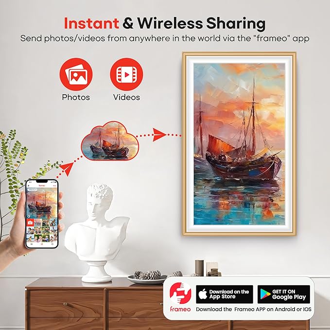 64GB Frameo 15.6" Digital Picture Frame Large 1920 x 1080 IPS FHD Touch Screen WiFi Electronic Photo Frames Share Moments Instantly Anywhere Best Gifts for Parents and Grandparents Golden White