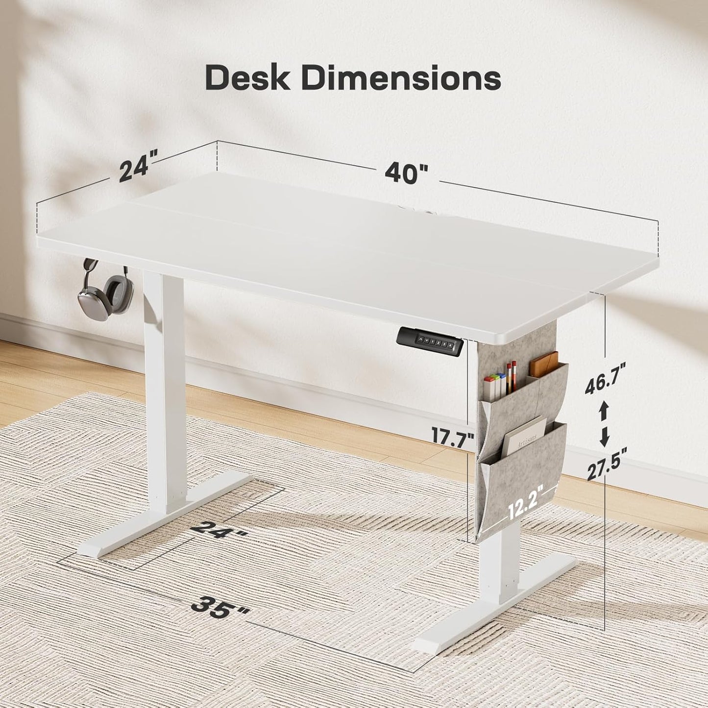 Marsail 40x24 Electric Adjustable Height Standing Desk with Storage Bag, 4 Memory Height Settings,Sit Stand Up Desk for Home Office,Computer Gaming Workstation, Cable Manager, and Headphone Hook