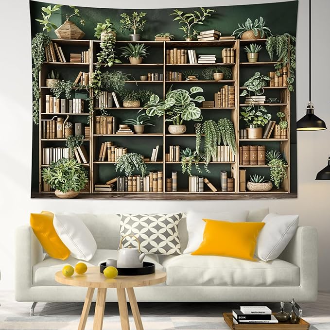 HVEST Green Plant Bookshelf Tapestry Book on Bookshelf and Plant Potted Tapestry Wall Hanging Reading Wall Decor for Study Room Bedroom Living Room College Dorm, 60L x 80W Inches