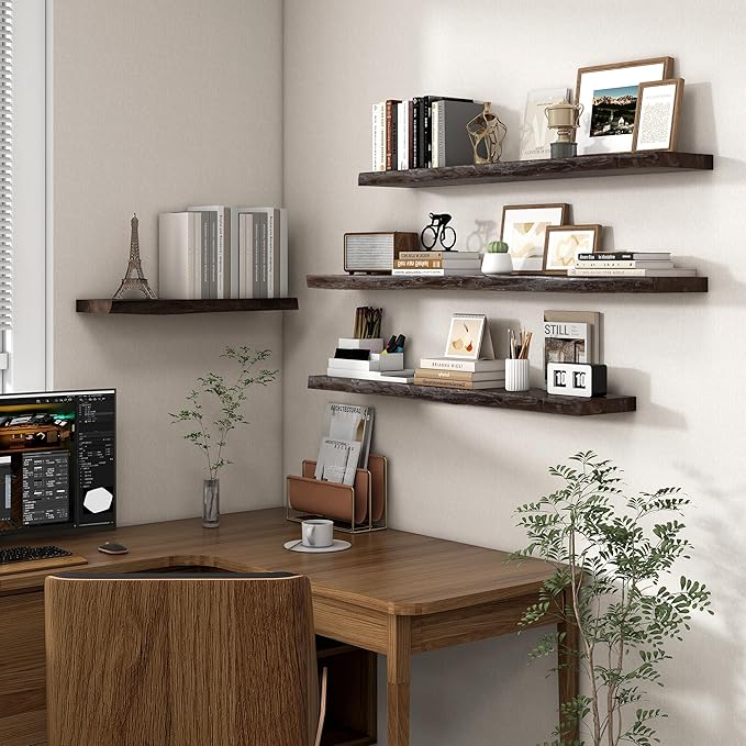 Axeman 40 inch Floating Shelves for Wall - 8'' D Live Edge Rustic Solid Elm Wood Floating Shelves Wall Mounted, Wall Shelves with Invisible Bracket for Living Room Bedroom Kitchen, Set of 1 Walnut