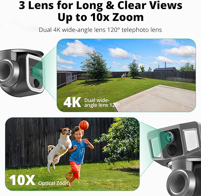 4G LTE Cellular Security Camera Outdoor, 4K 10x Optical Zoom Wireless Solar Camera 12000mAh, No WiFi or WiFi 2 Mode, 360° Pan and Tilt AI Tracking Cam for Remote Monitor with SIM Card and 64GB SD Card