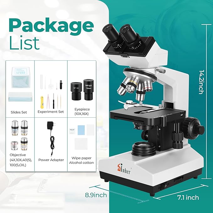 Sinher XSZ-107BN Professional Compound Binocular microscopes 40X-1600X Magnification with Microscope kit for Student Adults Suitable for Laboratory School Home Education.