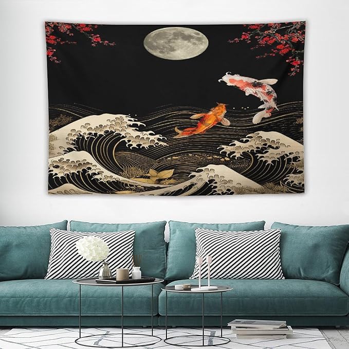 Houselerax Koi Fish Tapestry, Japanese Style Yin Yang Big Wave Cherry Blossom Tapestries Wall Hanging for Bedroom Living Room Office Decor 60"x40"