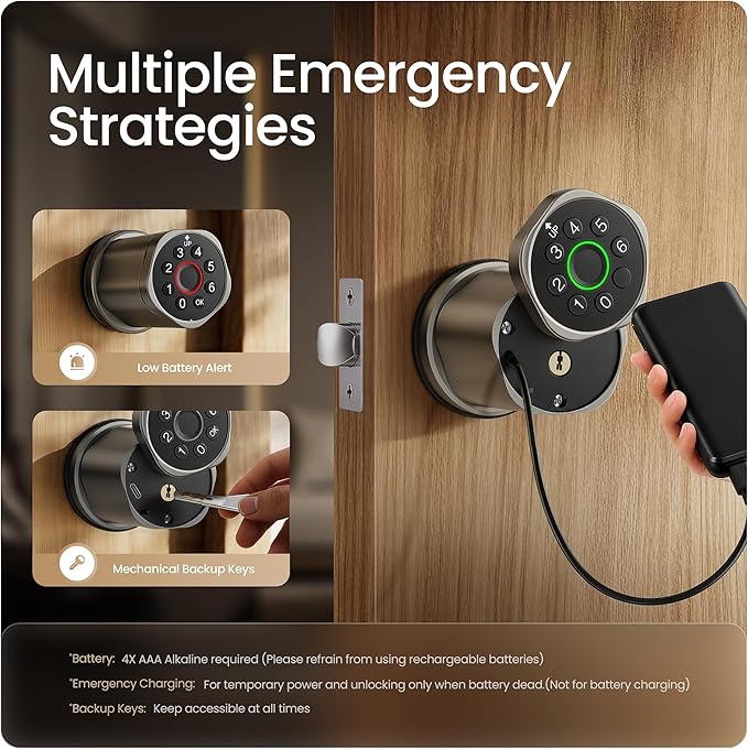 Leydebong 4-in-1 Smart Door Lock with Fingerprint and Keypad - Keyless Entry Electronic Lock with App Control - Easy Installation Smart Door Knob with Code in Gunmetal Gray