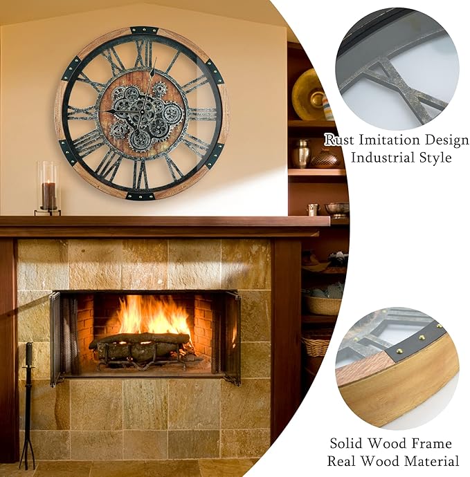 36 Inch Moving Gear Wall Clock, Oversized Wall Clocks, Clock Living Room Decor, Solid Wood Frame, Battery Operated, Large Wall Clock with Steampunk Industrial for Fireplace(Brown)