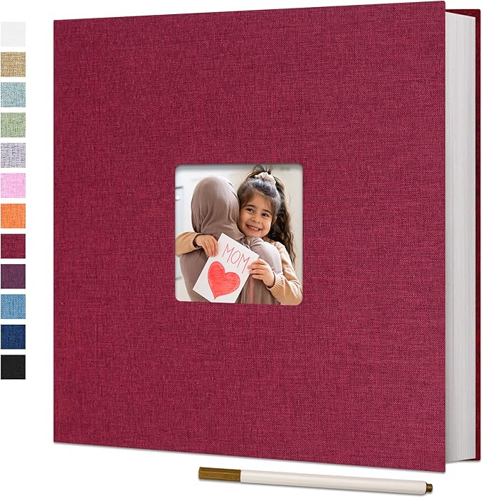 Vienrose Large Photo Album Self Adhesive for 4x6 8x10 10x12 Pictures Linen Scrapbook Album DIY 60 Blank Pages with A Metallic Pen Red